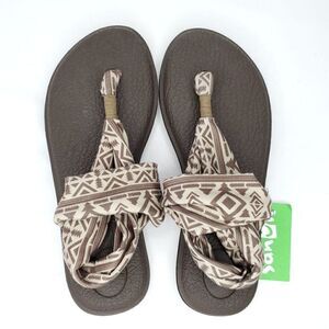 Sanuk Yoga Sling 2 Flip Flop Thong Sandal Sz 5 Brown Tan Aztec Geometric